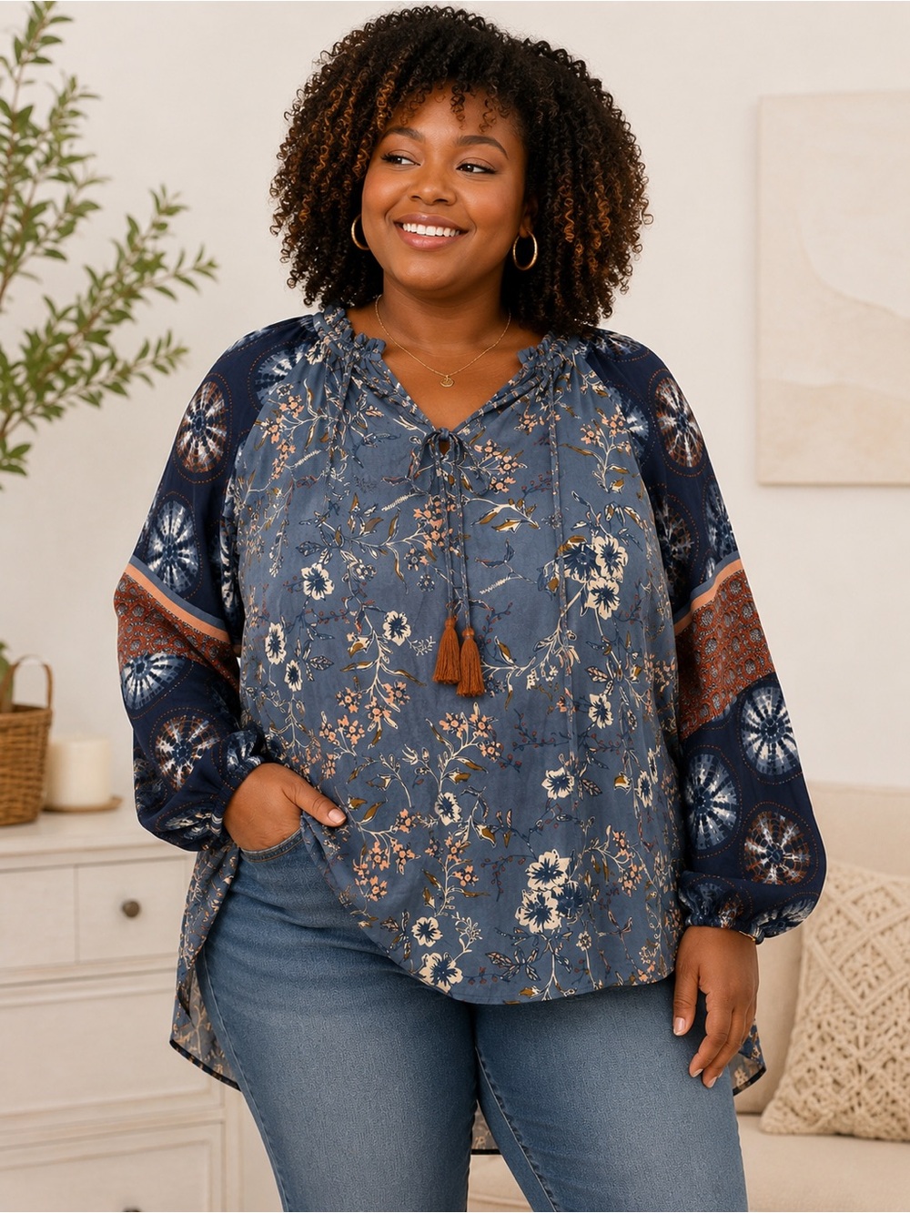 Cato Floral Boho Blouse 18/20W Blue Mixed Print Tassel Top